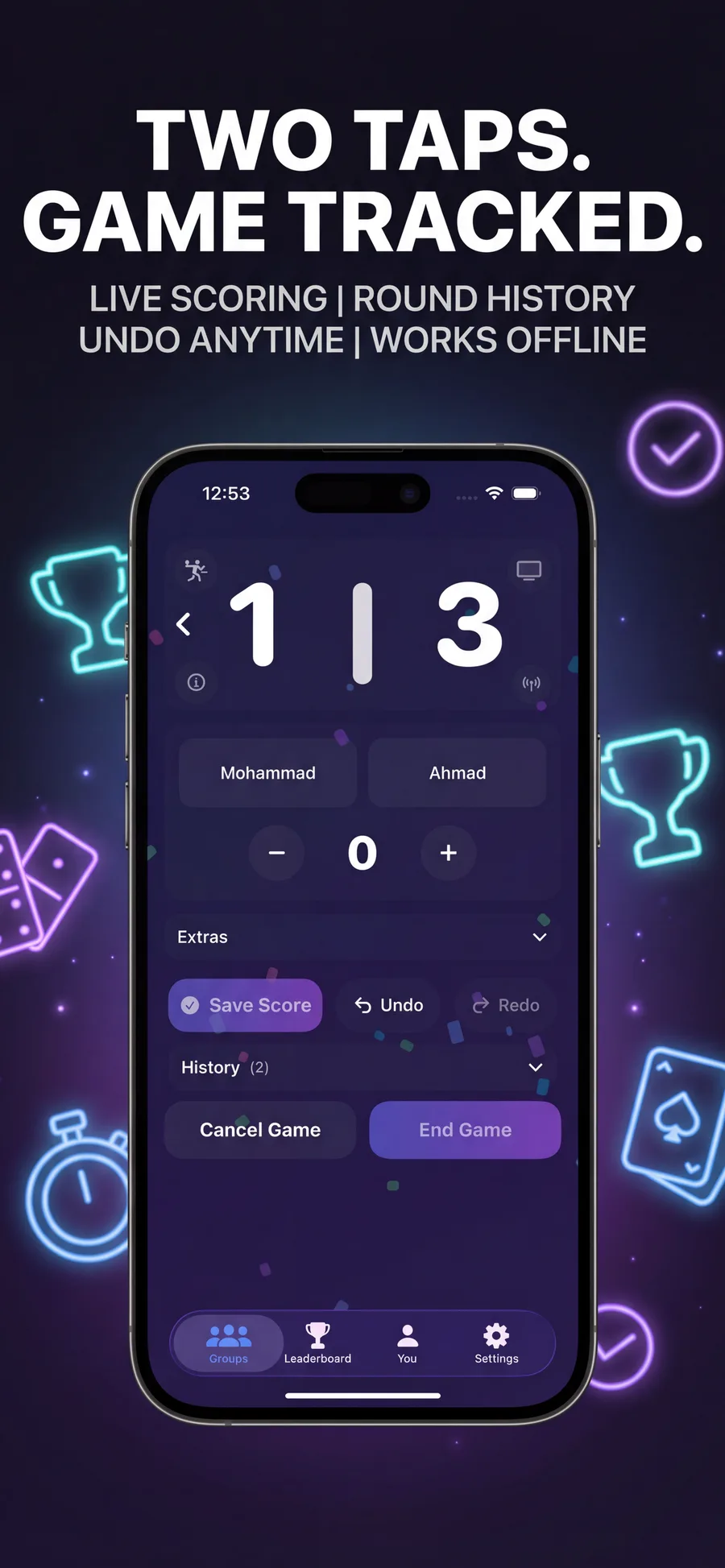 Live match scoring screen — padel score keeper