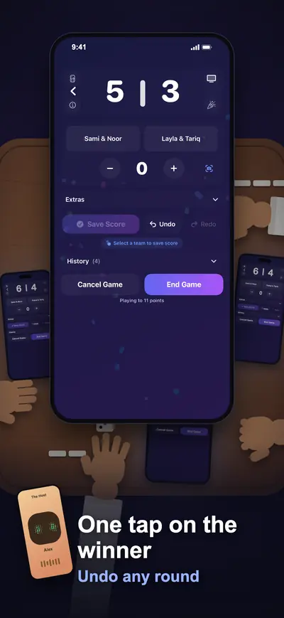 One tap on the winner: the scoring screen, with undo for any round