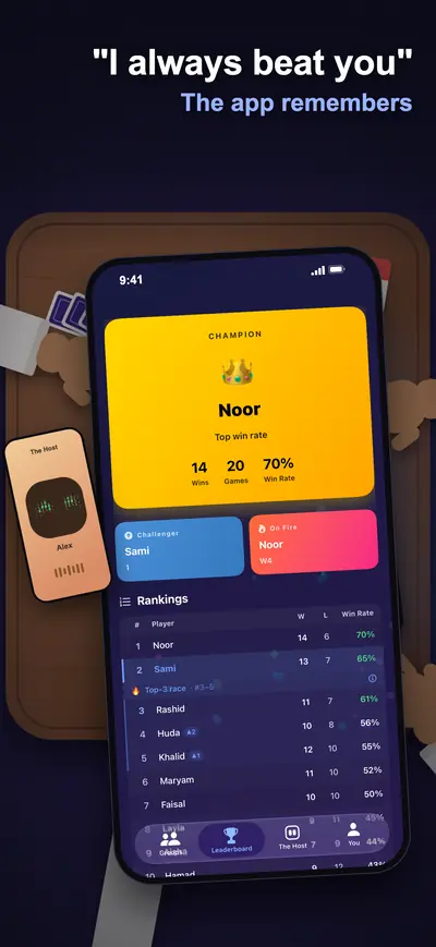 "I always beat you." The app remembers: champion card and rankings